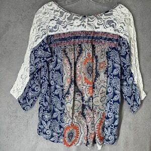 Miss Me Boho Paisley Lace 3/4 Sleeve Blouse Top Women's Medium